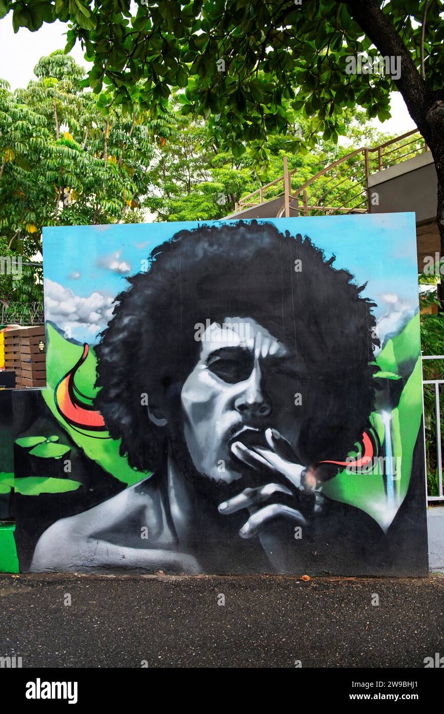 Bob Marley con sigaretta di cannabis, murale, Bob Marley Museum, Kingston, Giamaica, America centrale Foto Stock