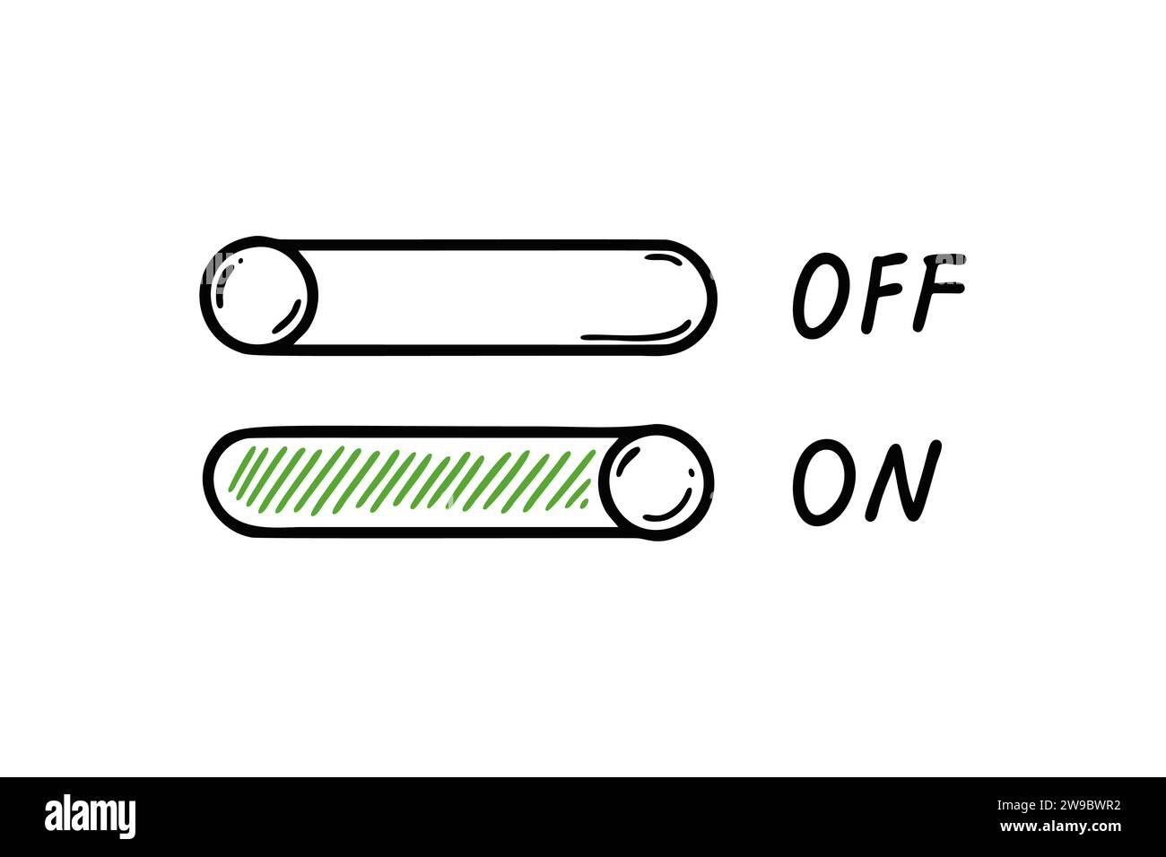 Pulsante di accensione/spegnimento. Icona del cursore attivo inattivo disegnato a mano. UI, elemento di progettazione app. Illustrazione del vettore di schizzo Illustrazione Vettoriale