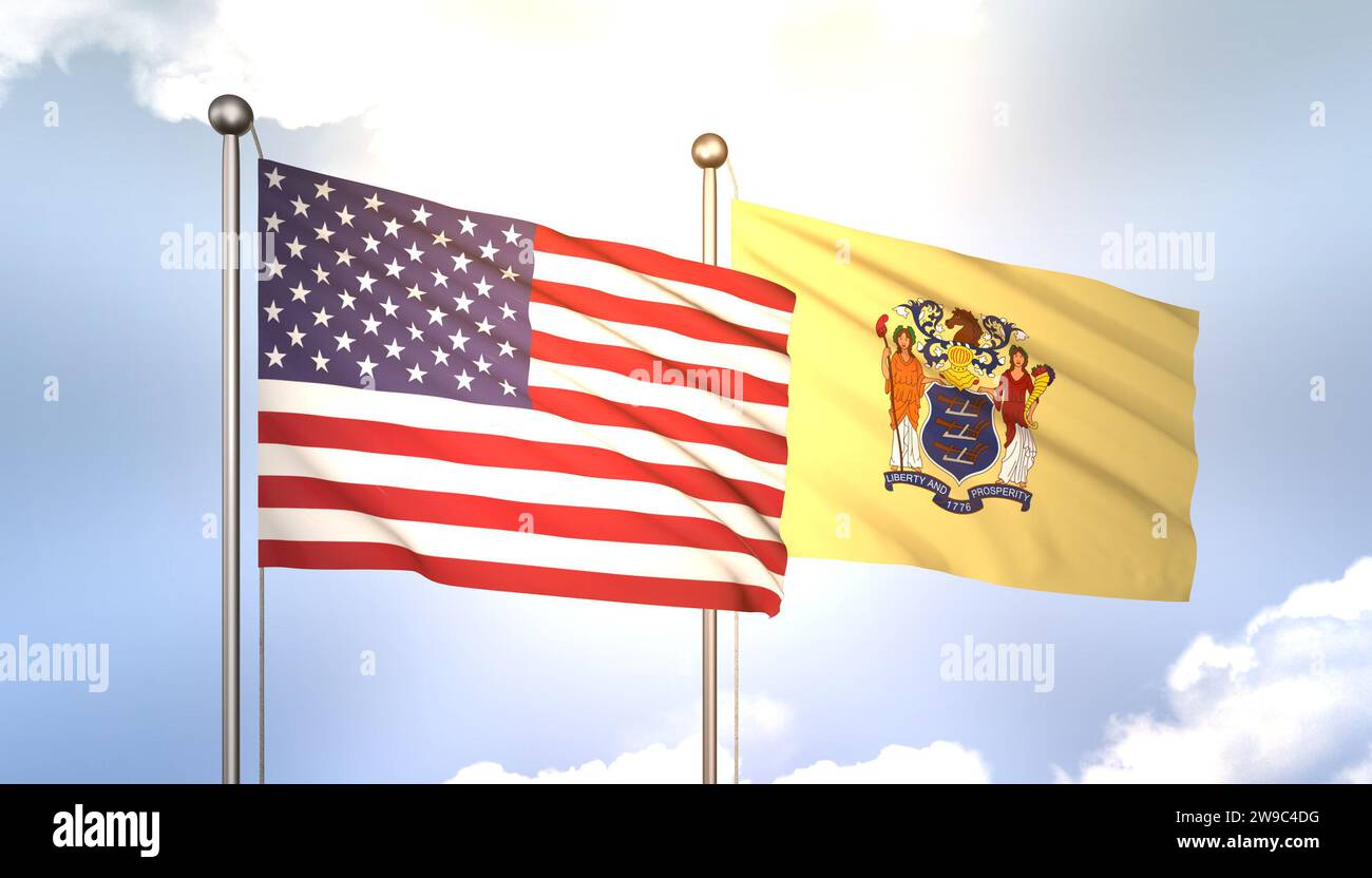 3D che sventolano New Jersey e USA su Flagpole su Blue Sky con Sun Shine Foto Stock