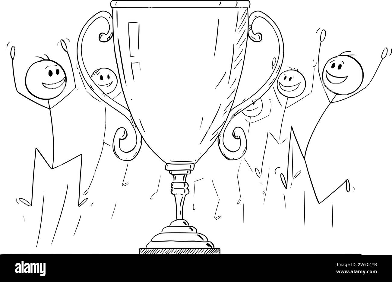 La squadra festeggia con la Victory Trophy Cup e l'illustrazione della figura Vector Cartoon Stick Illustrazione Vettoriale