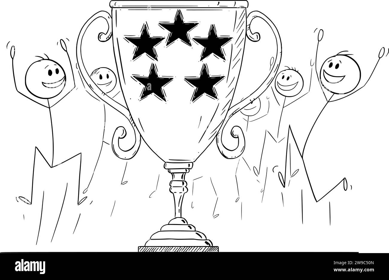 La squadra festeggia con la Victory Trophy Cup e l'illustrazione della figura Vector Cartoon Stick Illustrazione Vettoriale