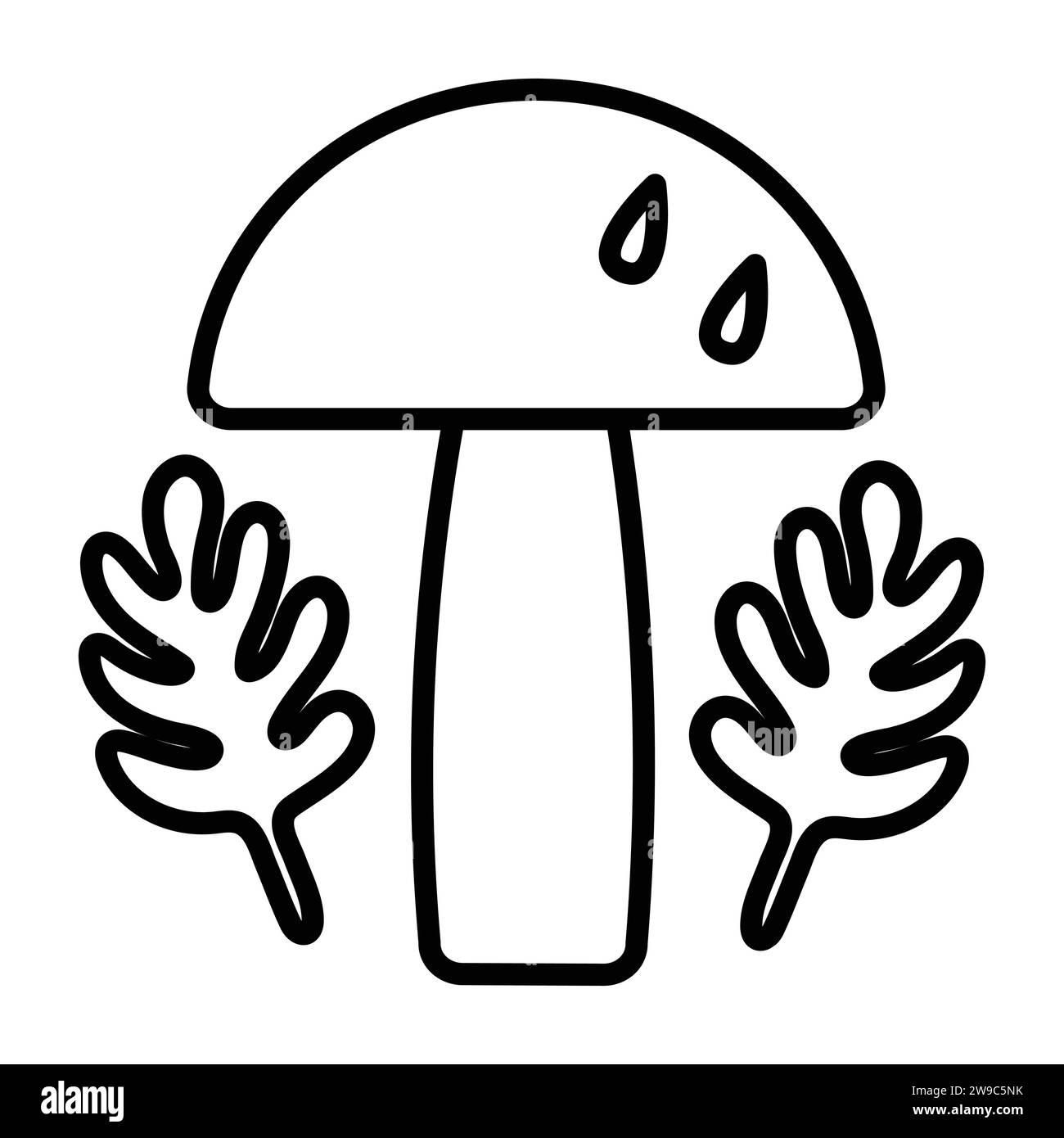 Fungo e due foglie di quercia, segno vettoriale della stagione autunnale, semplice illustrazione della linea nera Illustrazione Vettoriale