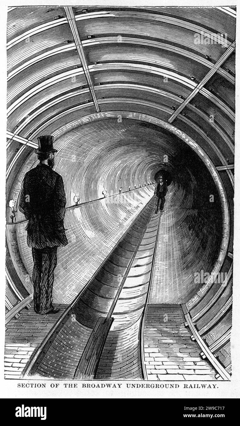 Incisione di una sezione della Broadway Underground Railway da The Underground World, circa 1878 Foto Stock