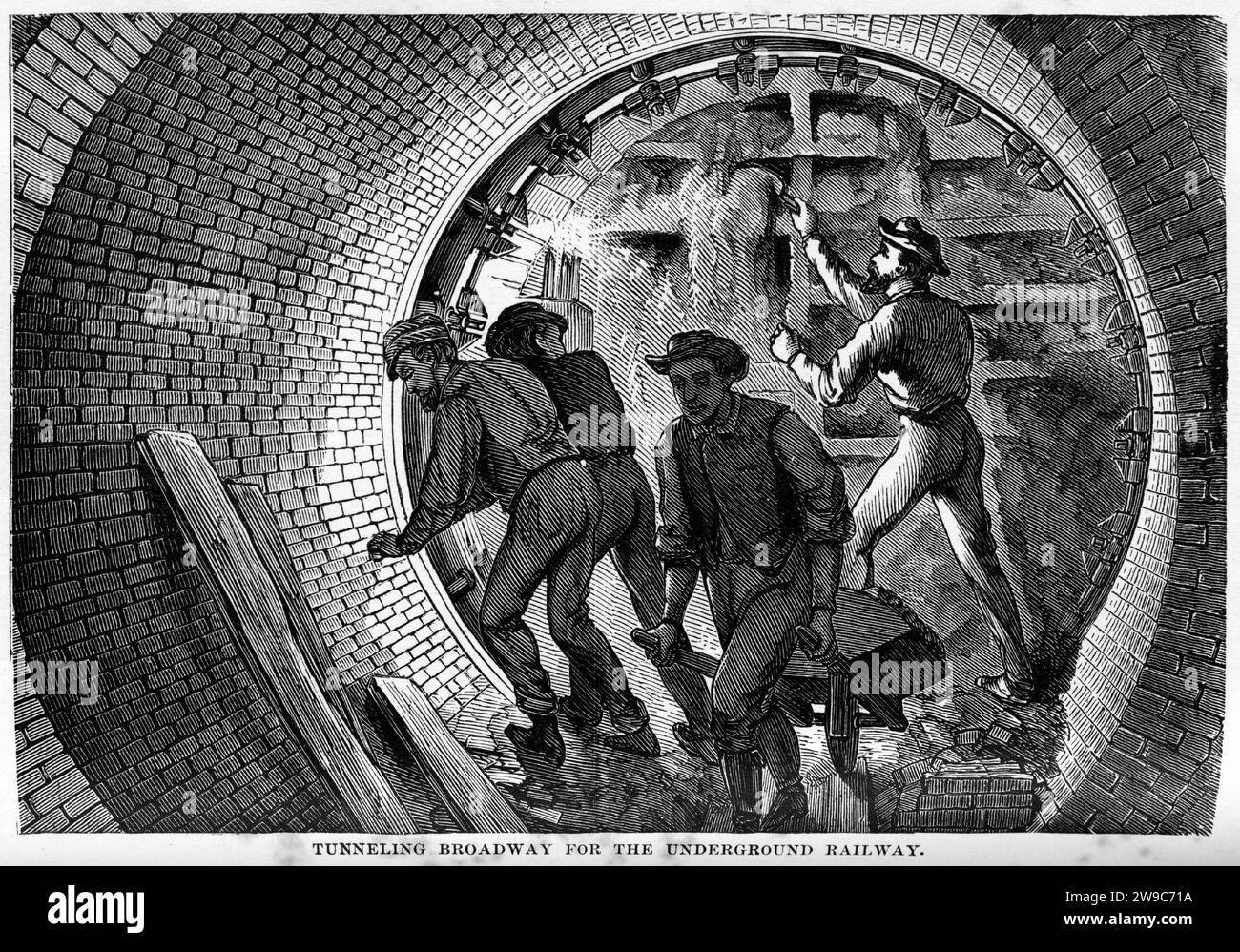 Incisione di uomini che lavorano sulla Broadway Underground Railway, da The Underground World, circa 1878 Foto Stock