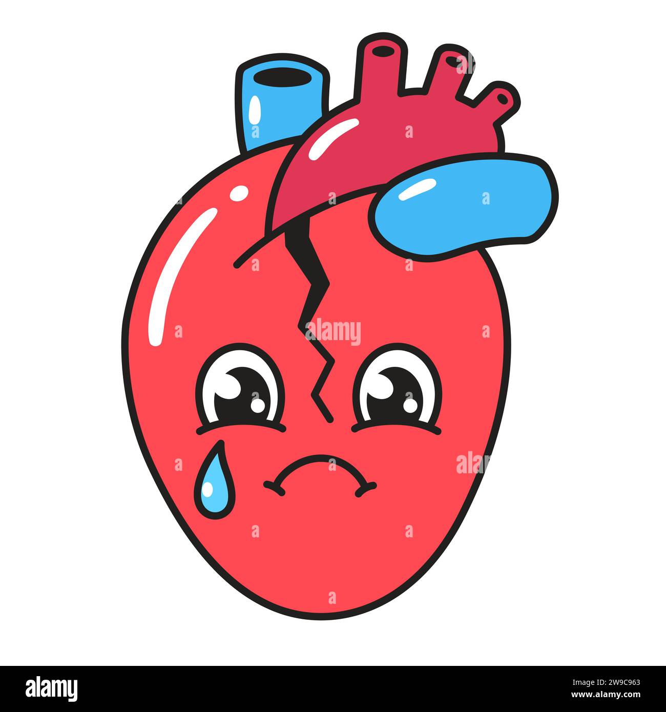 Triste personaggio a cuore spezzato, semplice illustrazione vettoriale in stile comico retrò. Cartoni animati cuore anatomico con volto piangente. Illustrazione Vettoriale