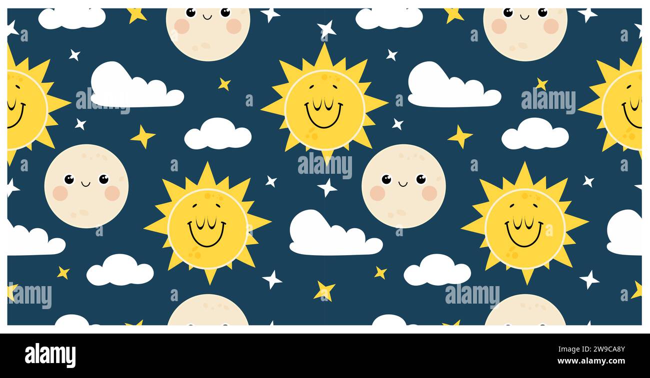 Motivo carino e senza cuciture con luna e sole sorridenti. Design vettoriale per asili, poster, magliette per bambini. Illustrazione Vettoriale