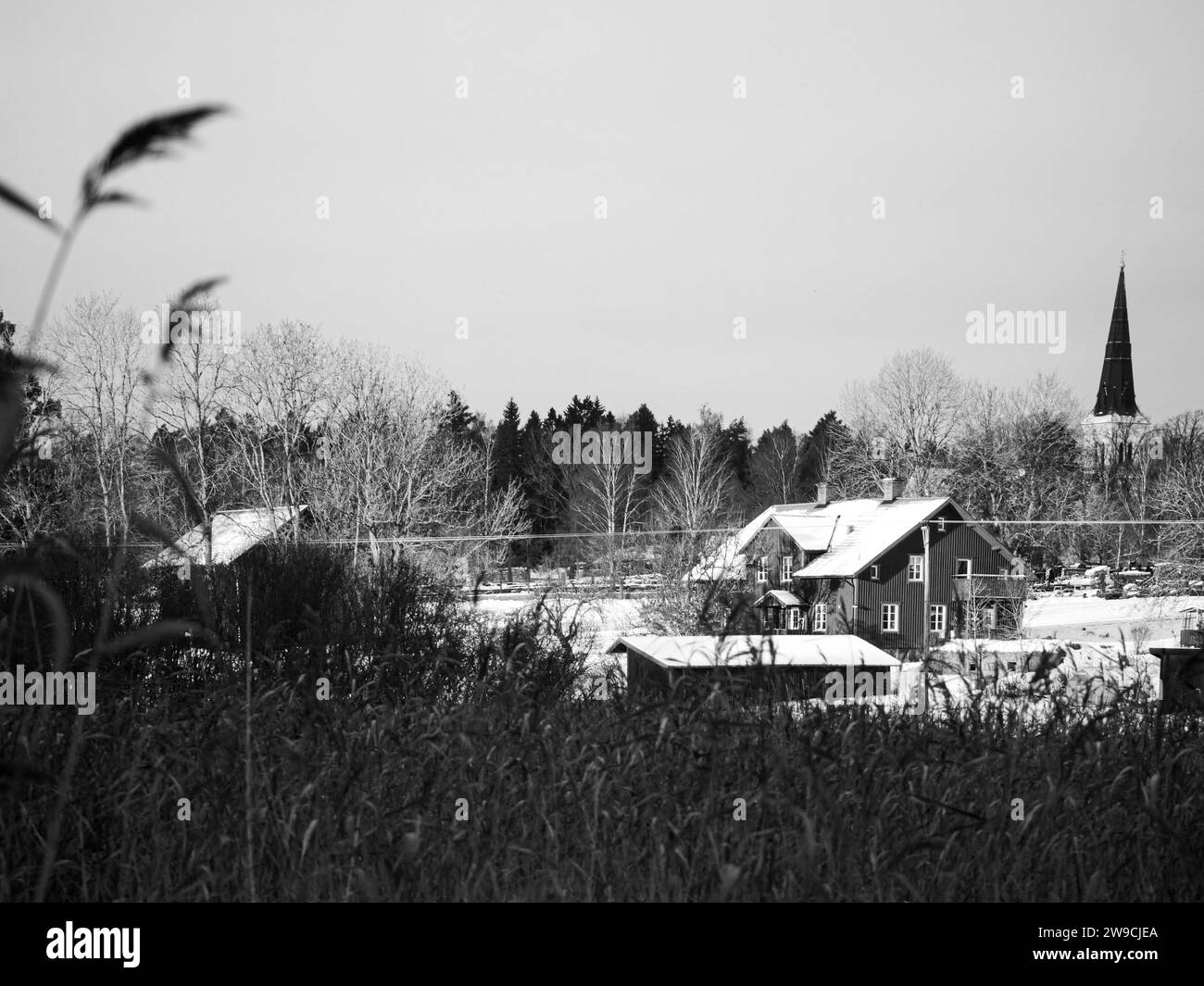 Vista degli edifici su un campo in bianco e nero Foto Stock