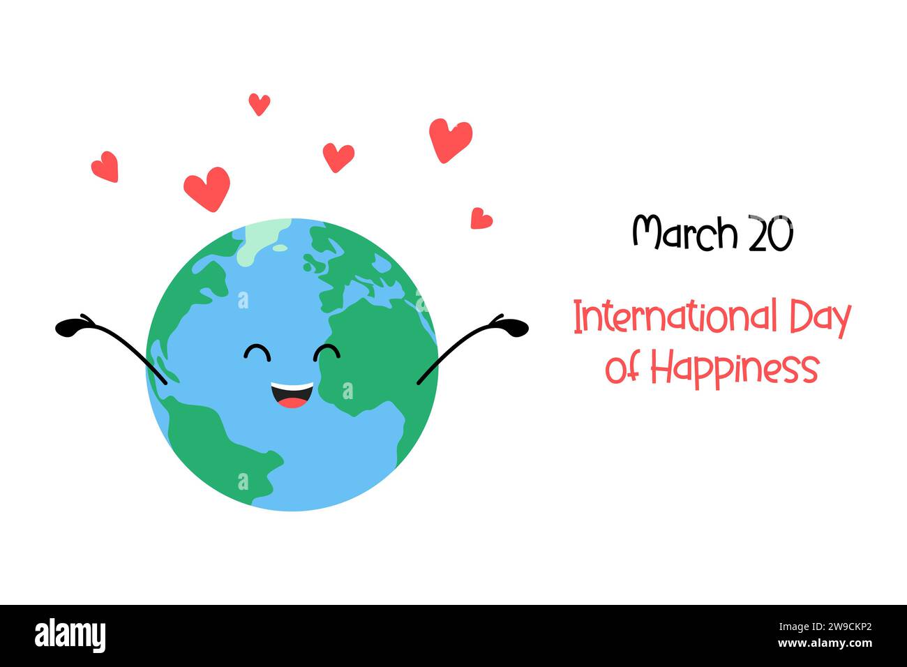 Poster festivo della giornata Internazionale della felicità del 20 marzo. Carino cartone animato sorridente pianeta Terra e cuori. Banner celebrativo del giorno della felicità Illustrazione Vettoriale