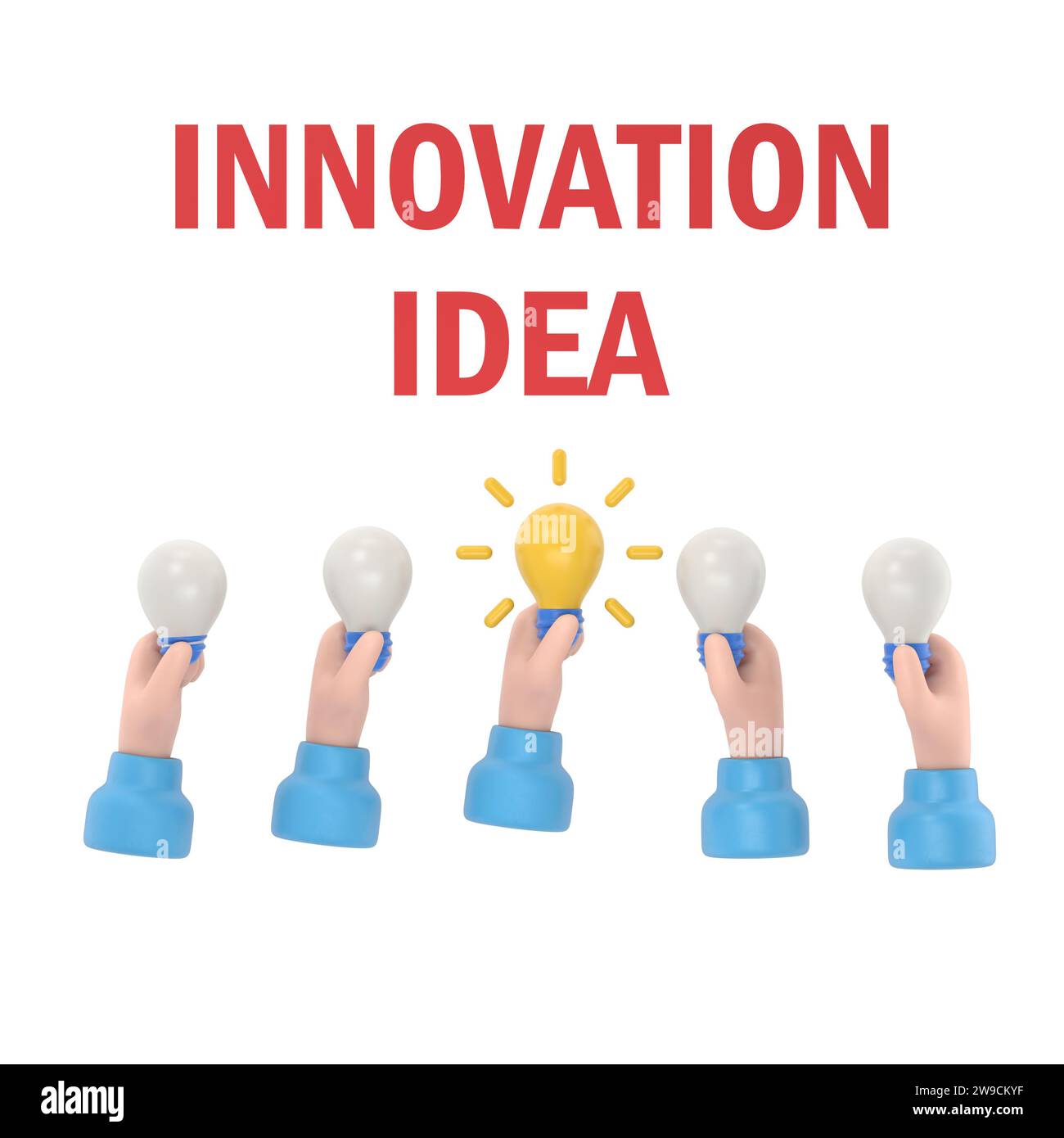 Un'idea unica. Concetto di lampadina che tiene la mano. Soluzione tecnologia innovativa. disegno in stile piatto per illustrazioni 3d. Lampada elettrica simbolo della creatività. Foto Stock