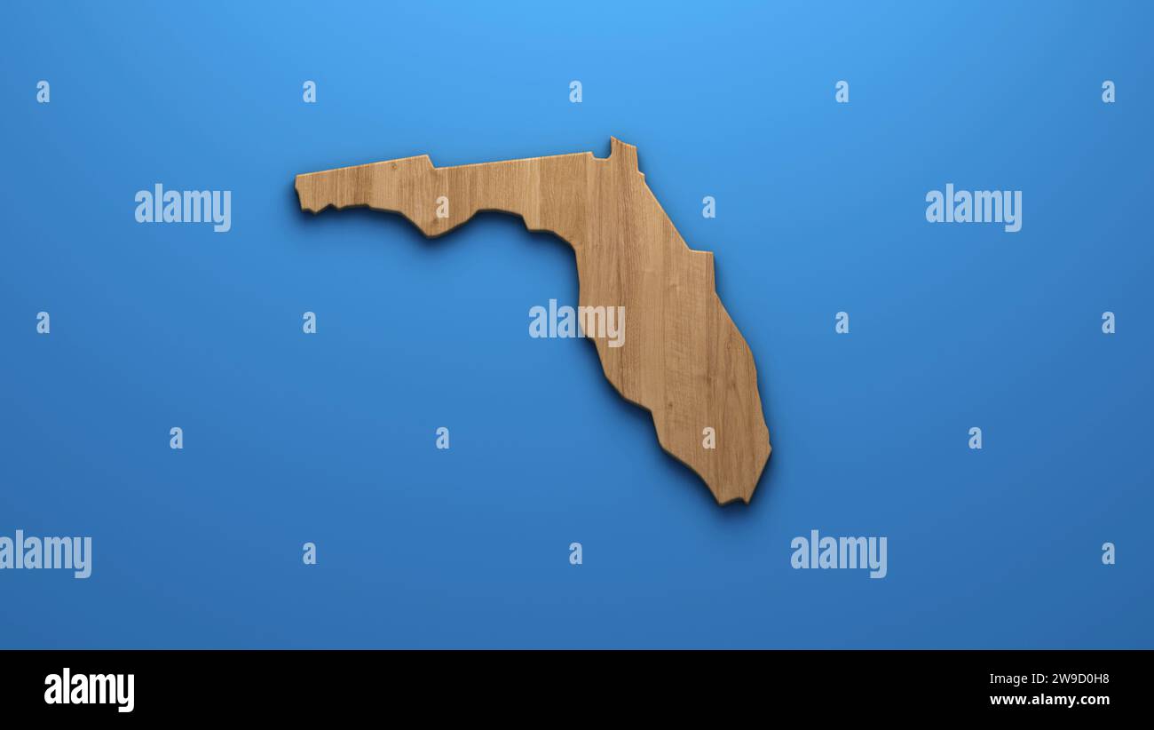 Logo della mappa Florida in legno naturale - Una silhouette in legno intagliato dello stato della Florida su uno sfondo blu che evoca il fascino e l'autenticità rustici. Stile 3D. Foto Stock