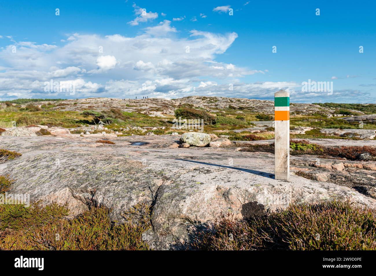 Sentiero escursionistico sulle rocce e attraverso la campagna del libro nel Parco naturale Tjurpannan nell'arcipelago della costa occidentale della Svezia, Bohuslän, Tanumshede Foto Stock