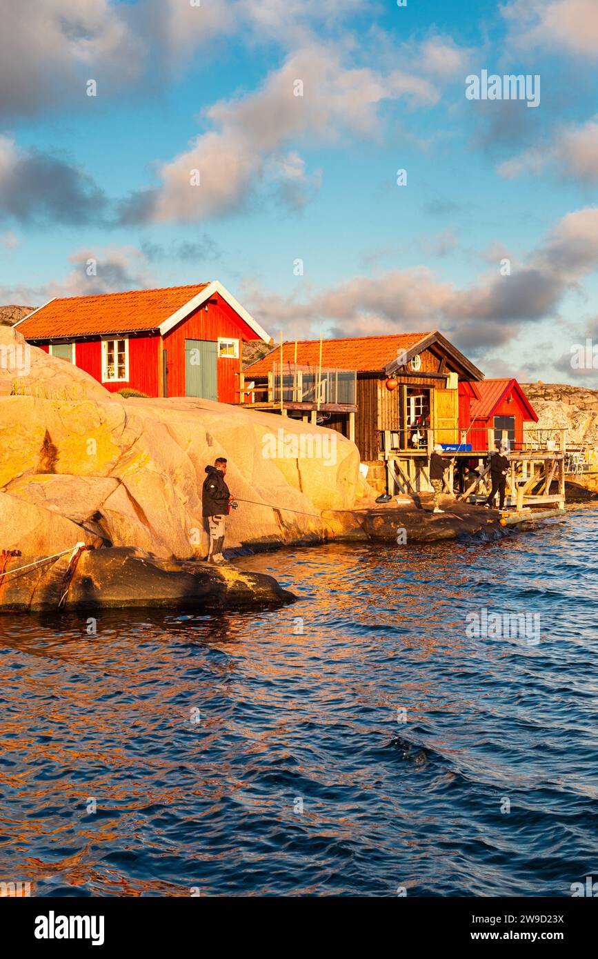 Le rocce di granito con le boathouses rosse nell'arcipelago della costa occidentale svedese brillano d'oro al tramonto Foto Stock