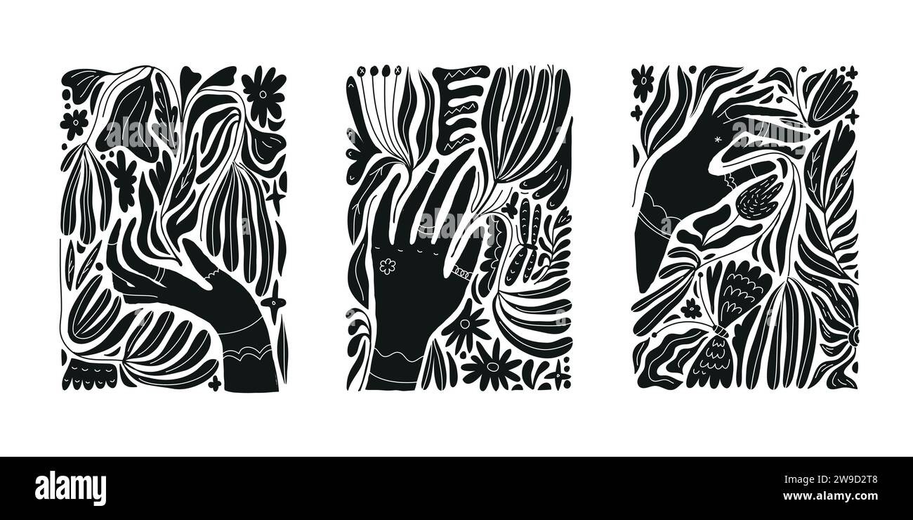 Set vettoriale di stampe di silhouette in bianco e nero. Mani che reggono fiori, forme floreali illustrazioni celesti, motivi boho, arte contemporanea Illustrazione Vettoriale