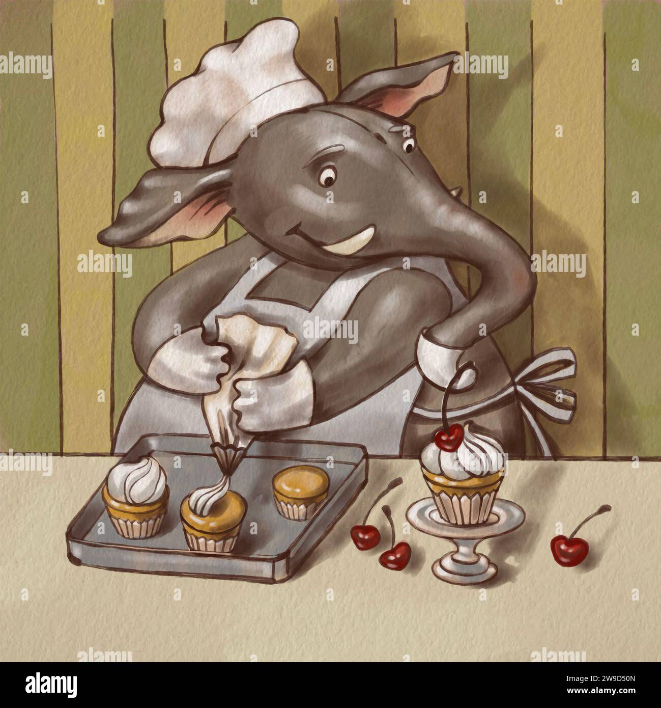 Simpatico personaggio dello chef elefante nell'illustrazione digitale del libro Uniform Cooking Meal Foto Stock