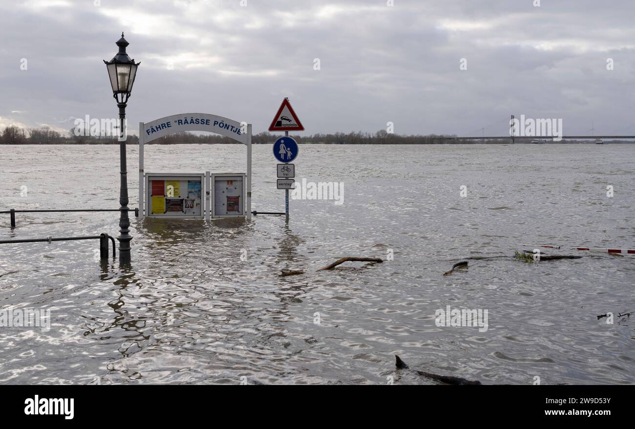 Hochwasser am Niederrhein Hochwasser an der Uferpromenade a Rees. Schiffsanlegestelle der Rheinfähre Räässe Pöntje. Rees Deutschland Nordrhein-Westfalen / NRW *** inondazione sul basso Reno inondazione sul lungofiume a Rees Rhine attracco dei traghetti Räässe Pöntje Rees Germania Renania settentrionale-Vestfalia NRW Foto Stock