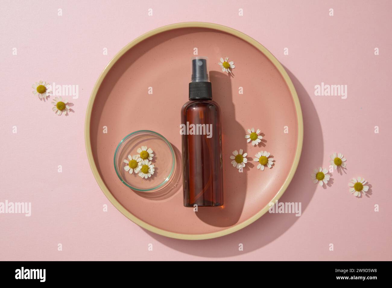 Concetto minimo per pubblicizzare cosmetici con ingrediente camomilla. Un flacone spray color ambra non etichettato su piatti rotondi in ceramica con fiori di camomilla Foto Stock