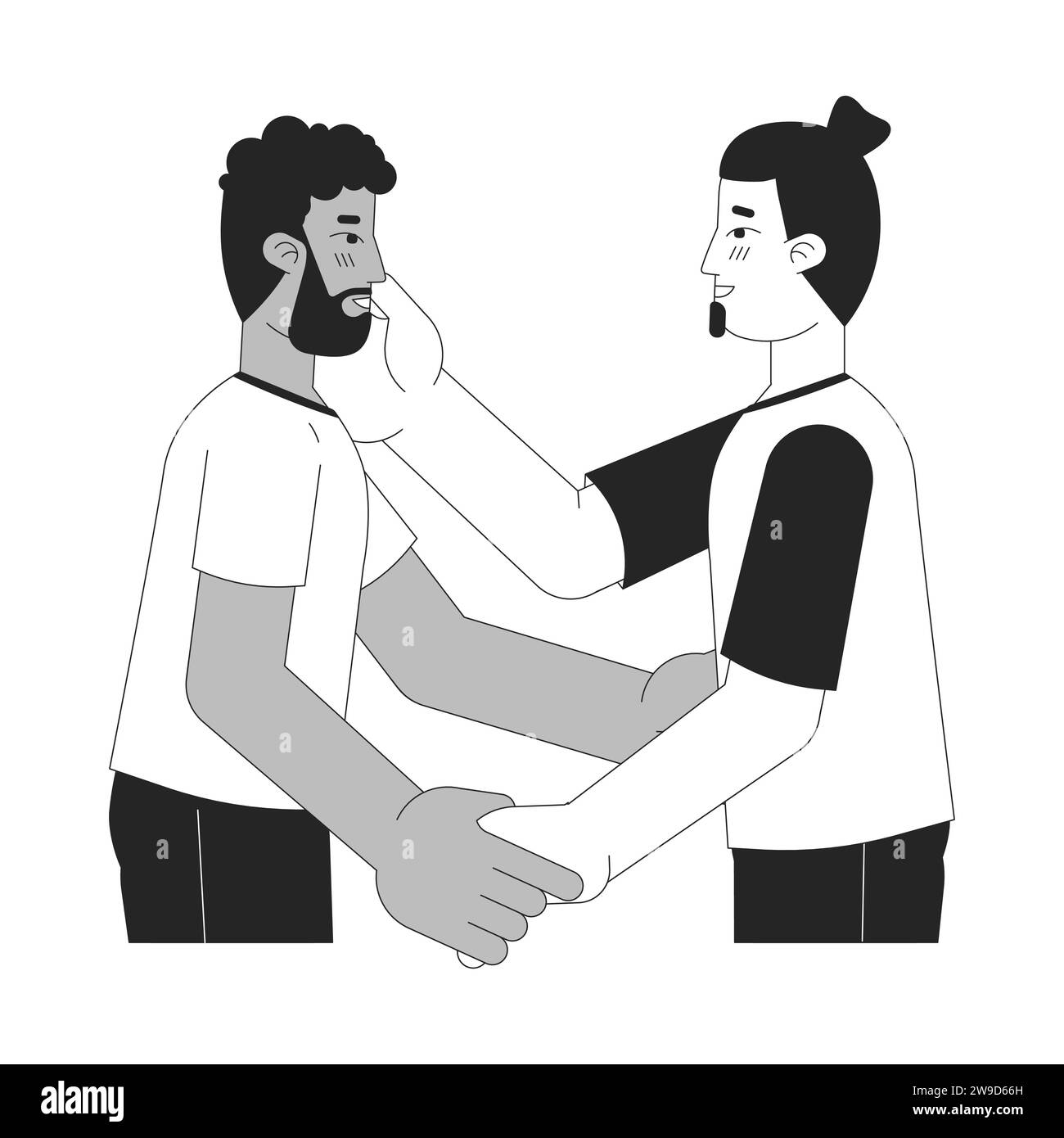 Gli amanti degli uomini gay abbracciano i personaggi dei cartoni animati in 2D in bianco e nero Illustrazione Vettoriale