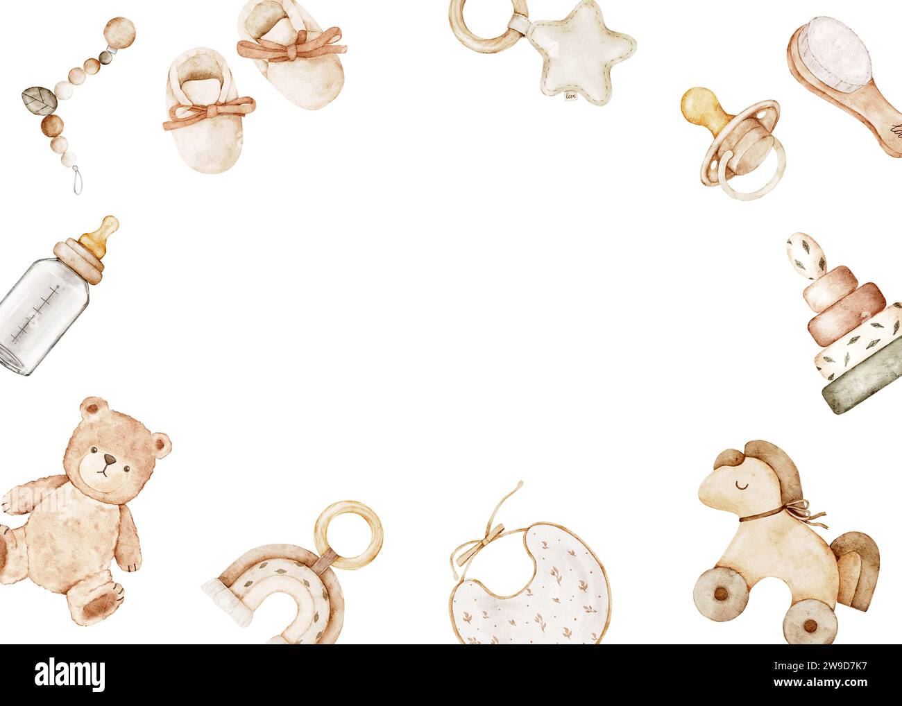 Illustrazioni ad acquerello di giocattoli e accessori per bambini in stile retrò. Modello per cartoline, inviti, baby shower, banner, biglietti, celebr. neonata Foto Stock