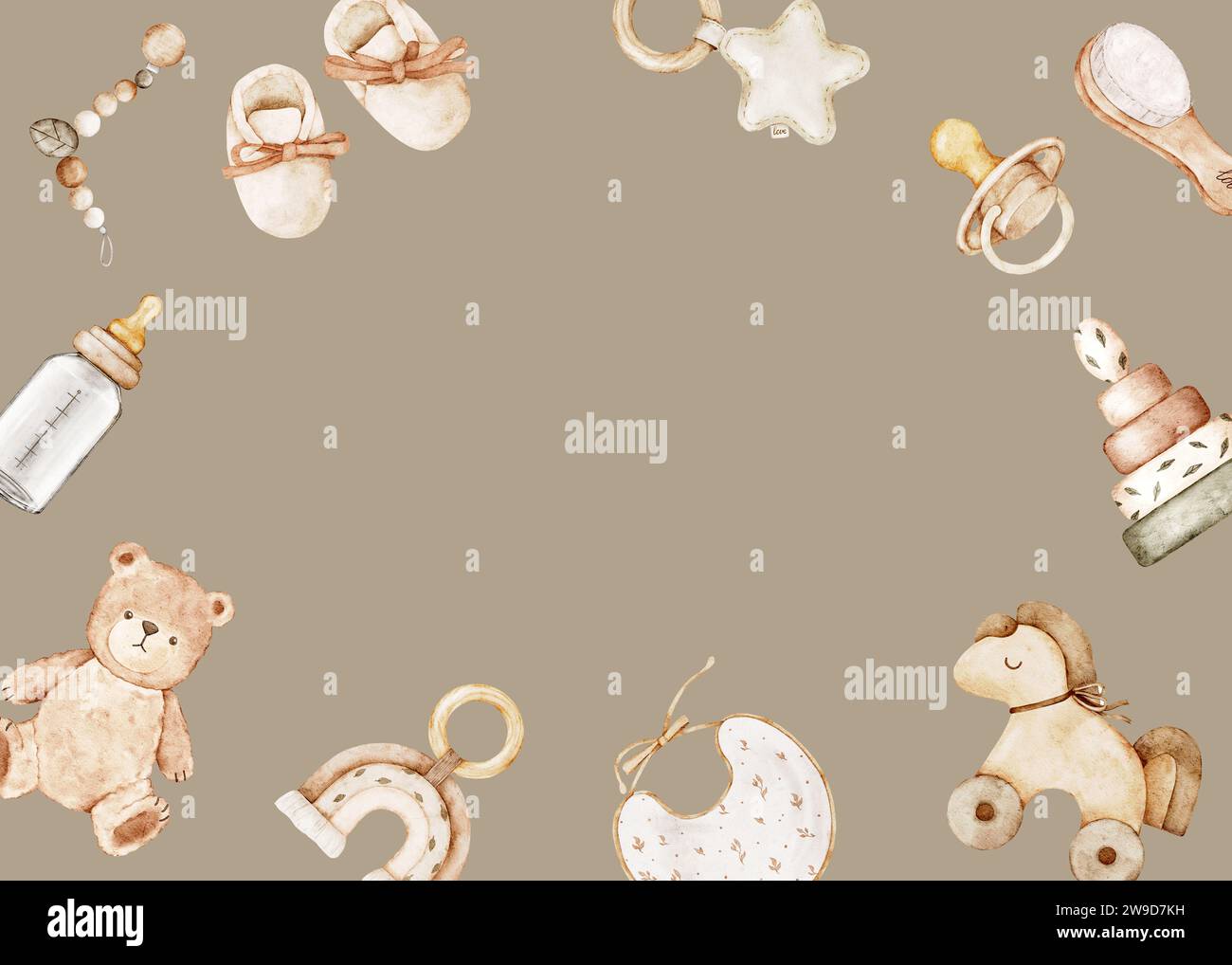 Illustrazioni ad acquerello di giocattoli e accessori per bambini in stile retrò. Modello per cartoline, inviti, baby shower, banner, biglietti, celebr. neonata Foto Stock