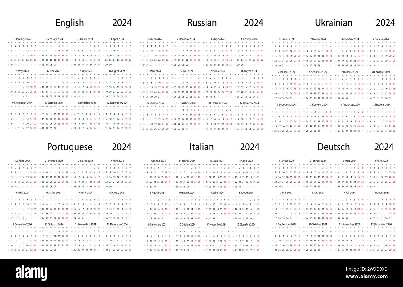 Calendario 2024 di inglese, russo, portoghese, ucraino, italiano, vettori Deutsch. Illustrazione Vettoriale