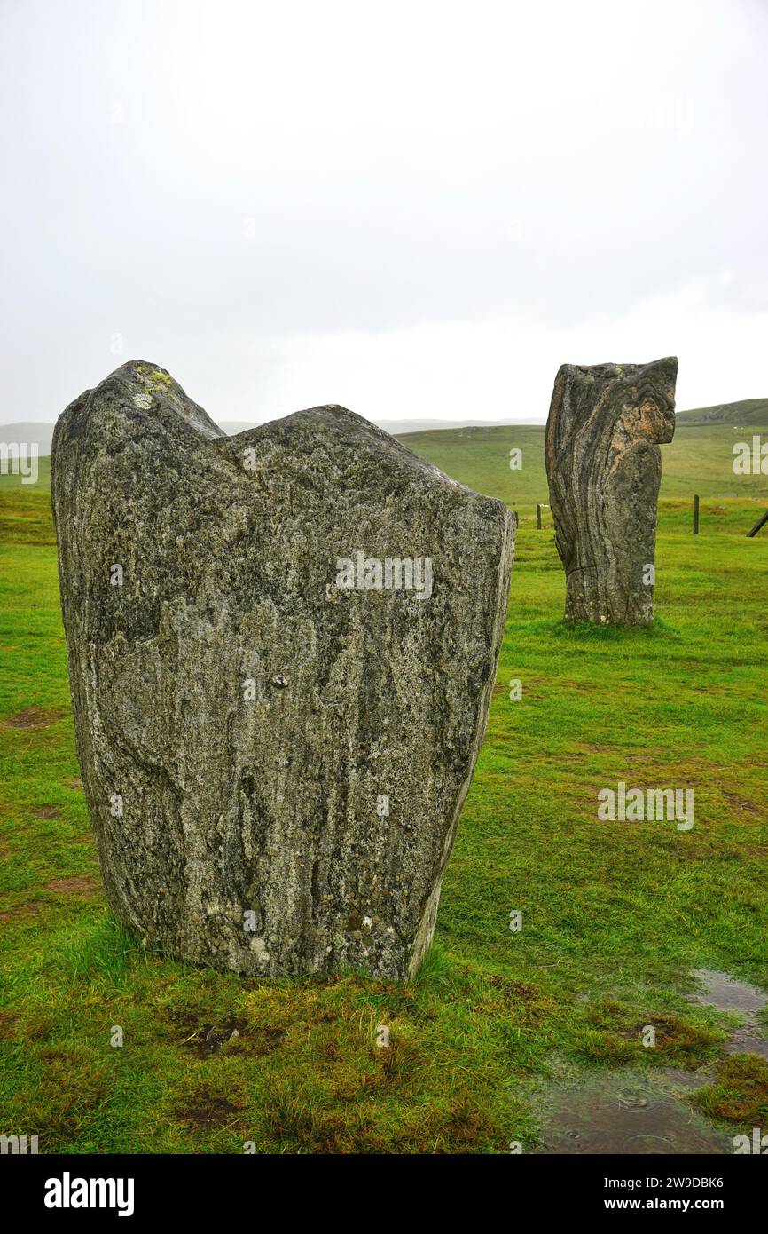 Due delle dozzine di pietre uniche che compongono il circolo neolitico di Callanish Stone a Lewis Island, Ebridi esterne, Scozia. Foto Stock