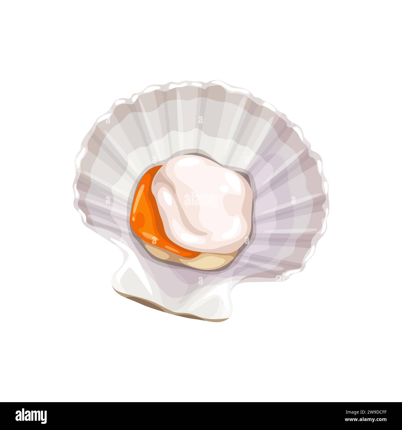 Cartoon Seafood, molluschi di capesante per prelibatezze di cucina marina, vettore isolato. Conchiglia di capesante o molluschi crudi in cucina gourmet, ristorante di cucina a base di pesce, cucina o prodotti del mercato del pesce Illustrazione Vettoriale