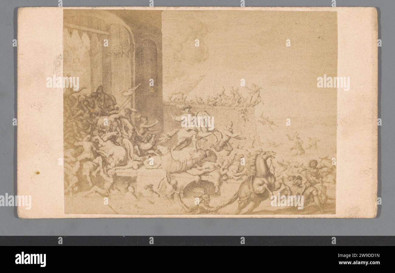 Produzione fotografica di un'incisione dell'attacco ad Anversa da parte del Duca d'Angiò nel 1583, Anonimo, 1850 - 1900 biglietto visita. Supporto fotografico per fotografare Paesi Bassi. Stampa di albumi di cartone assedio Anversa Foto Stock