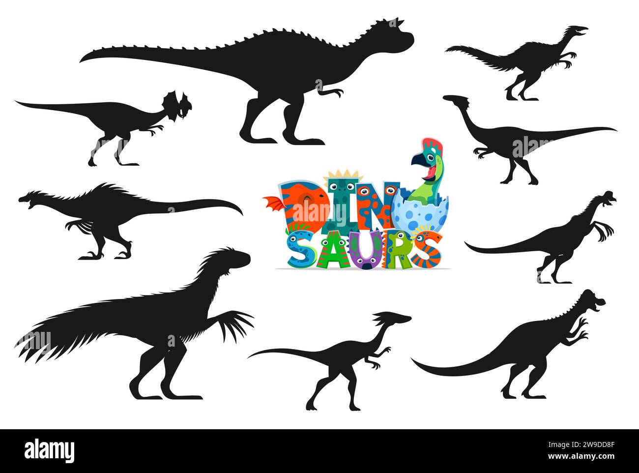 I dinosauri isolati modellano le silhouette. Carnotaurus, Dilophosaur, Troodon e Gallimimus, Oviraptor, Therizinosaurus, Compsognathus e Pachycephalosaurus sagome vettoriali di dinosauri divertenti Illustrazione Vettoriale