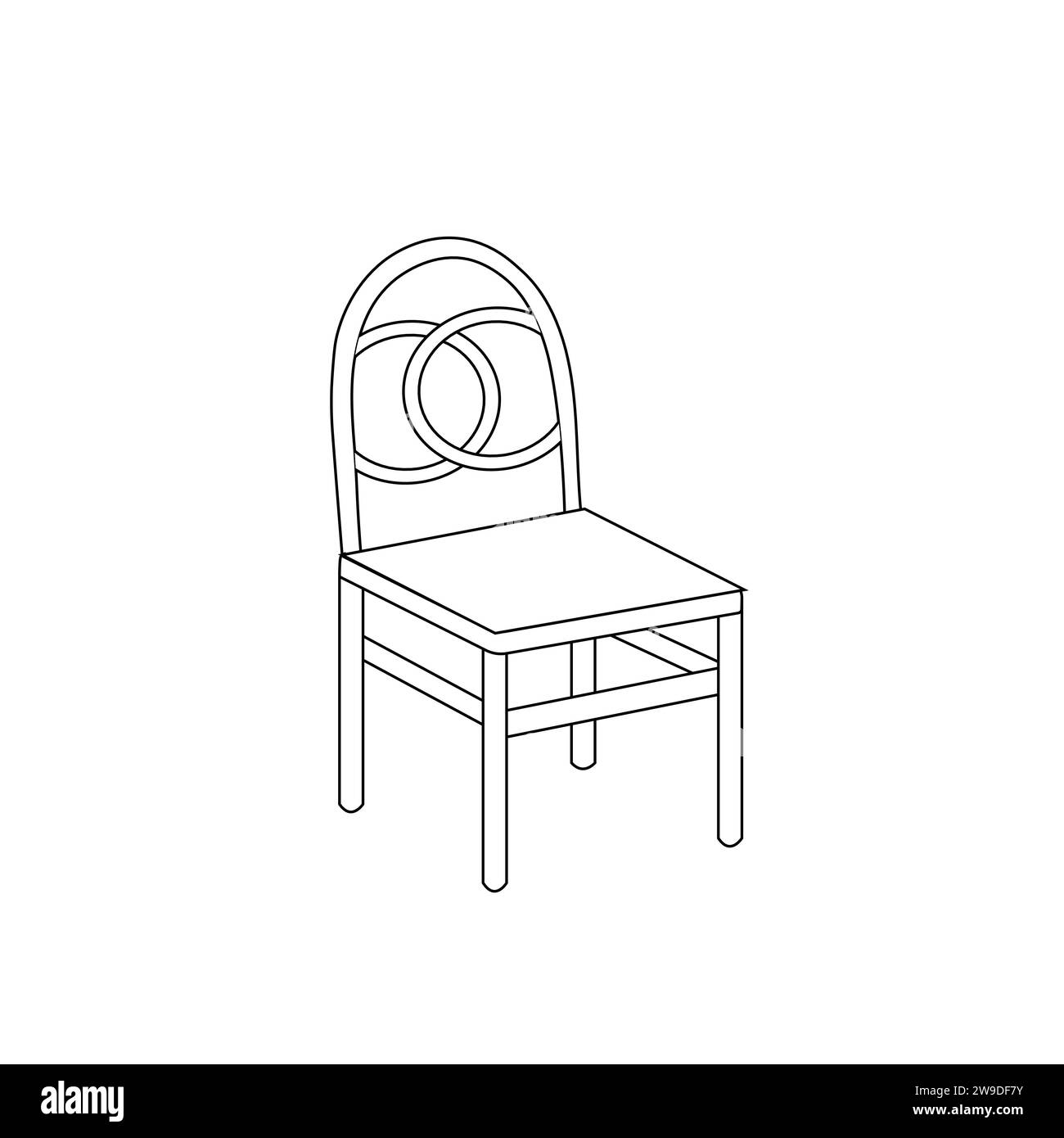 Contorno nero dell'elemento interno isolato su sfondo bianco. Sedia con contorno nero. Pagina colorante. Libro da colorare. pagina da colorare per bambini. Illustrazione Vettoriale