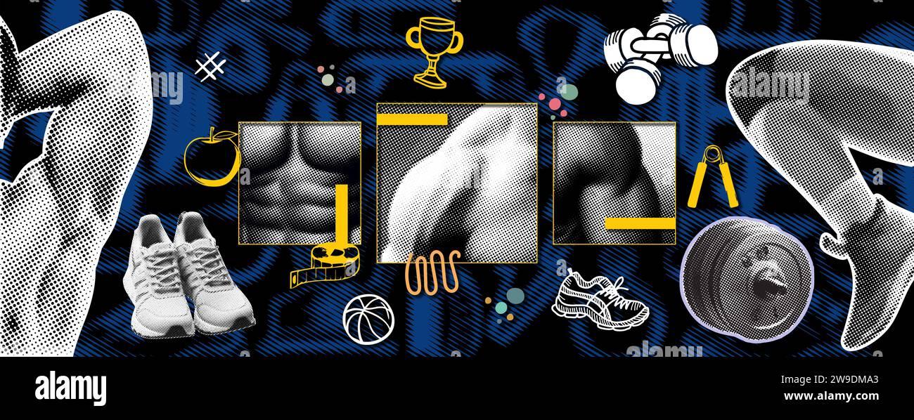 Collage, banner grunge illustrazione vettoriale. Un concetto di poster per il bodybuilding con parti del corpo ed elementi da palestra su sfondo nero. Foto Stock