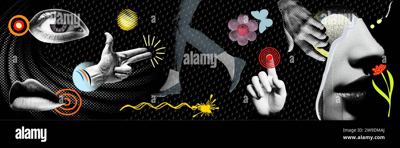 Banner grunge illustrazione vettoriale collage. mezzitoni punk punteggiati elementi collage come labbra, occhi, naso, bocca, labbra, e gli elementi doodle touch con le dita Foto Stock