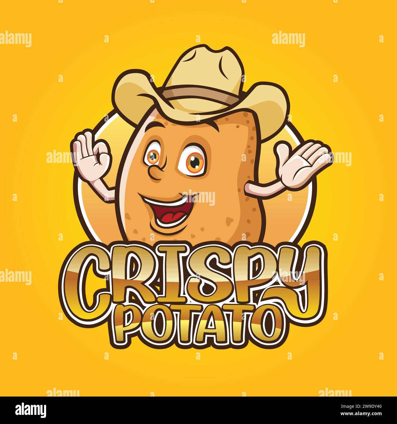 Logo di patate al forno. French Fries Mascot Design con cappello da cowboy Illustrazione Vettoriale