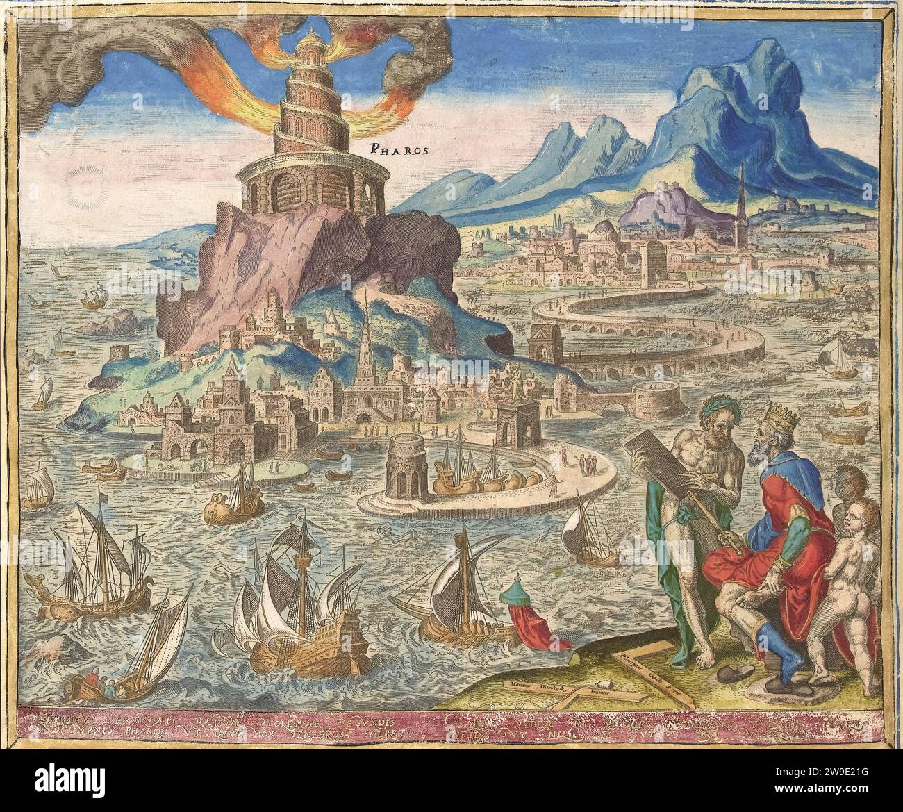 Alexandria Lighthouse Pharos (titolo sull'oggetto) le otto meraviglie del mondo (titolo della serie) 1572 di Maarten van Heemskerck - il faro della città di Alessandria. Per quanto ne sappiamo, il primo faro mai costruito. Questo fu fatto per ordine del primo re ellenistico d'Egitto Tolomeo II La torre fu costruita tra il 297 e il 283 a.C. Costruito e servito per quasi 1500 anni per greci, romani, bizantini e arabi. Si trovava sull'isola di Pharos, nel Mar Mediterraneo, appena fuori dal porto di Alessandria, in Egitto. In primo piano, a destra Tolomeo II e l'architetto della luce Foto Stock