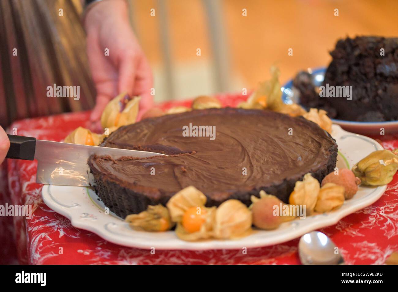 Una ricca torta al formaggio al cioccolato tagliata a fette, con frutti di manzo e litchi circondano il piatto per decorarlo Foto Stock