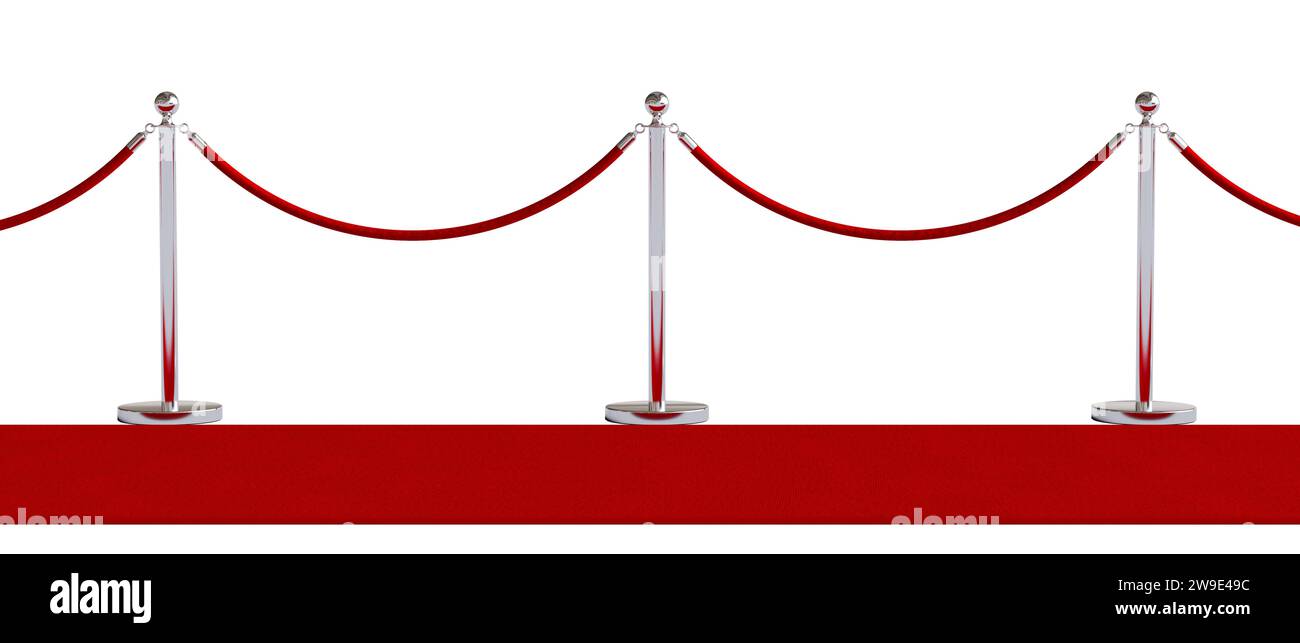 rendering di tappeti rossi e barriere metalliche con cordone isolato su vista laterale bianca Foto Stock