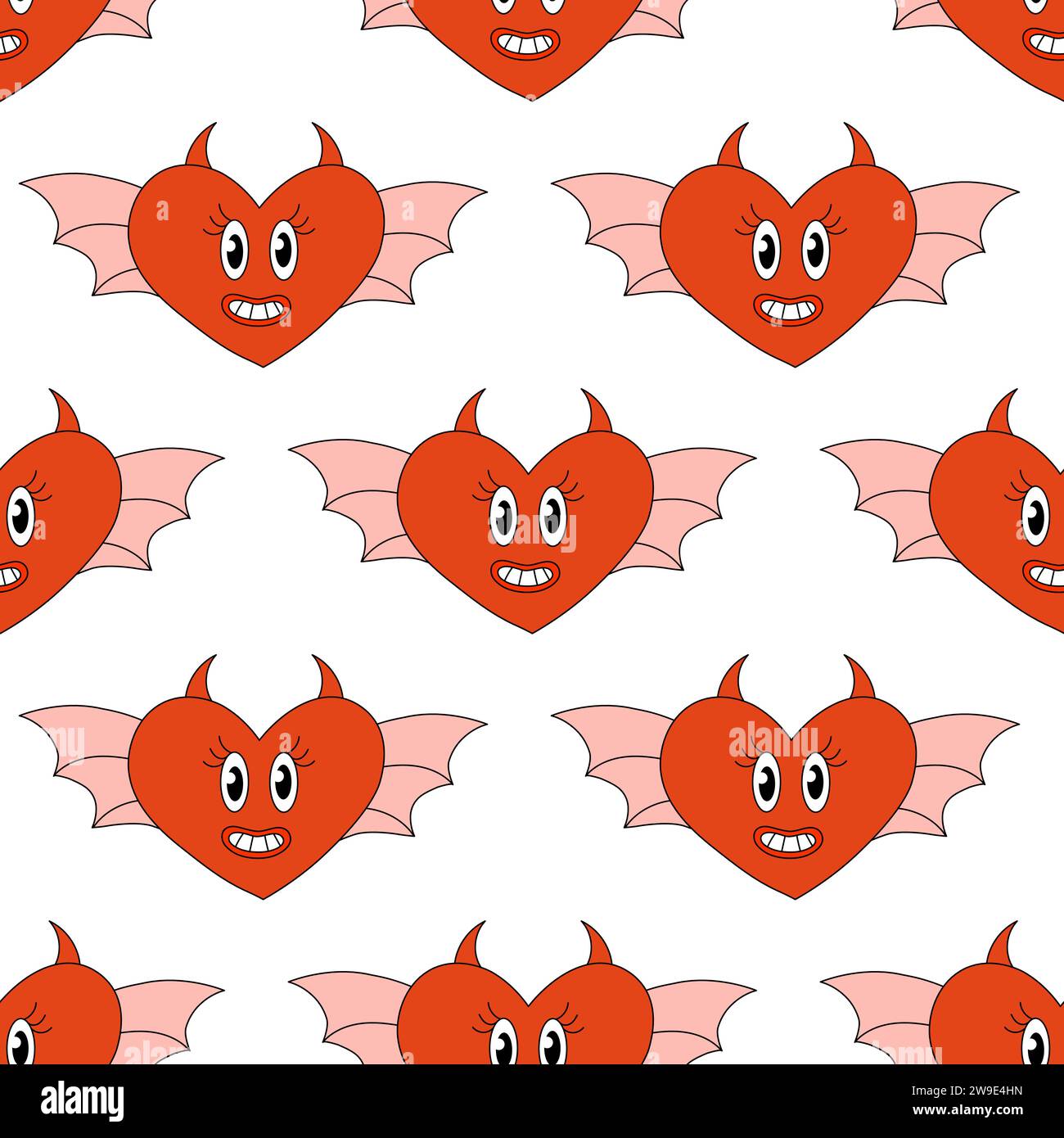 Modello senza cuciture con personaggi Hearts Demon per San Valentino. Mascotte in stile Groovy e Y2K. Illustrazione di cartoni animati vettoriali. Illustrazione Vettoriale
