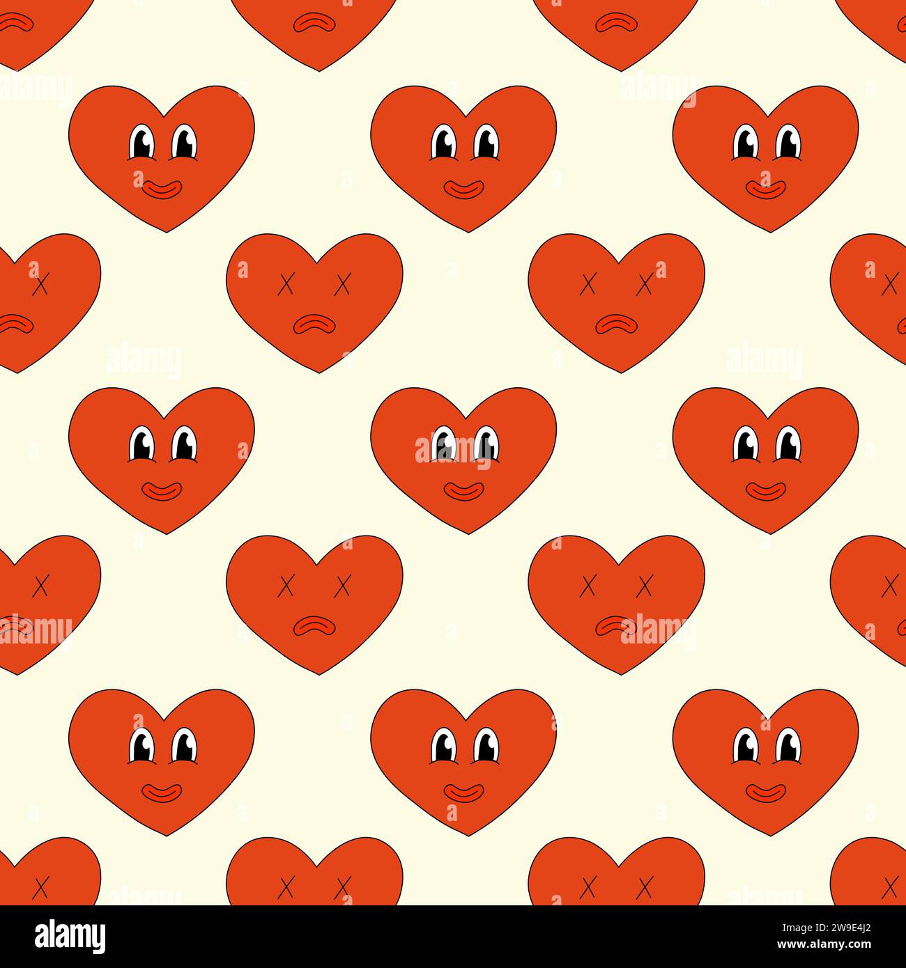 Motivo senza cuciture con il personaggio rosso cuore sorriso e Sad per San Valentino. Mascotte in stile Groovy e Y2K. Illustrazione di cartoni animati vettoriali. Illustrazione Vettoriale