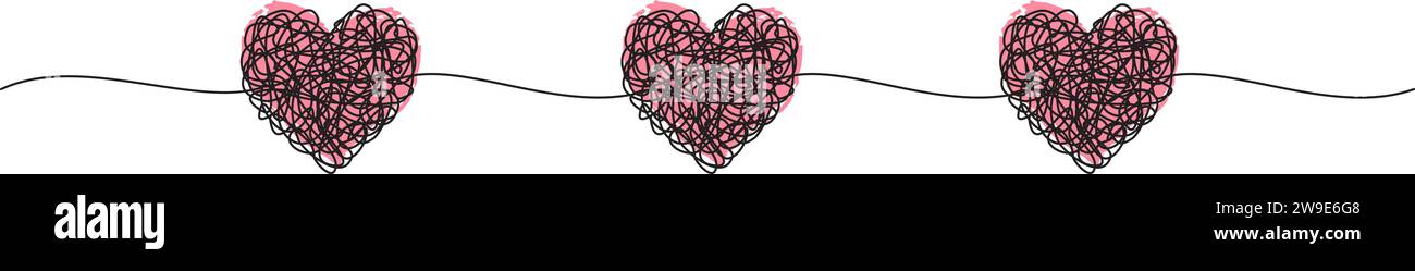 Banner con cuore grungo grungo grungo graffietto disegnato a mano con linee sottili e cuori di inchiostro rosso, forma divisoria. Isolato su sfondo bianco. Illustrazione vettoriale Illustrazione Vettoriale