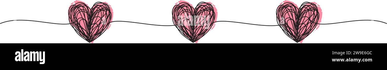 Banner con cuore grungo grungo grungo graffietto disegnato a mano con linee sottili e cuori di inchiostro rosso, forma divisoria. Isolato su sfondo bianco. Illustrazione vettoriale Illustrazione Vettoriale