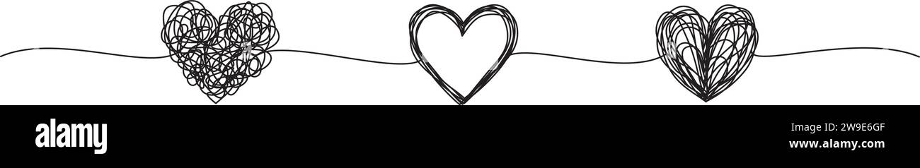 Striscione a cuore grungo aggrovigliato disegnato a mano con linea sottile, a forma di divisore. Isolato su sfondo bianco. Illustrazione vettoriale Illustrazione Vettoriale