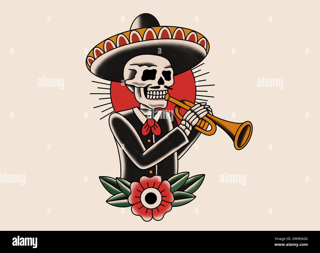 Scheletro tatuaggio con sombrero che suona la tromba Foto Stock