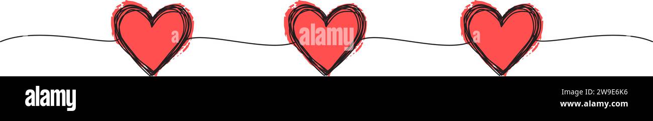 Banner con cuore grungo grungo grungo graffietto disegnato a mano con linee sottili e cuori di inchiostro rosso, forma divisoria. Isolato su sfondo bianco. Illustrazione vettoriale Illustrazione Vettoriale