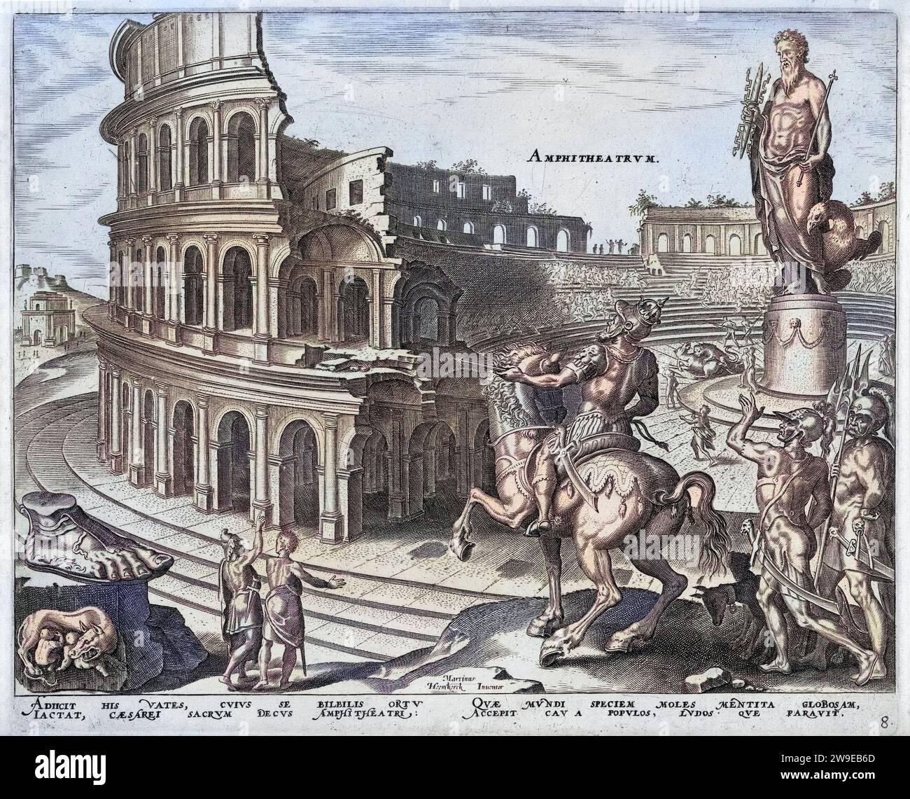 Colosseo a Roma, - Amphitheatervm (titolo sull'oggetto) le otto meraviglie del mondo (titolo della serie) - 1572 di Maarten van Heemskerck, - le rovine del colosseo Romano. Una statua di Giove si trova nel centro del colosseo. La lotta continua. In primo piano, l'imperatore Vespasiano a cavallo. Ordinò la costruzione del Colosseo. In primo piano a sinistra un rilievo con l'infermiera Romolo e Remo. La stampa ha una didascalia latina e fa parte di una serie sulle otto meraviglie del mondo. Foto Stock