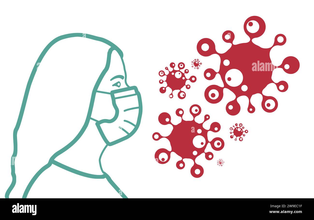 Ragazza in maschera protettiva medica. Pandemia di coronavirus. Illustrazione dell'epidemia di COVID-19. Foto Stock