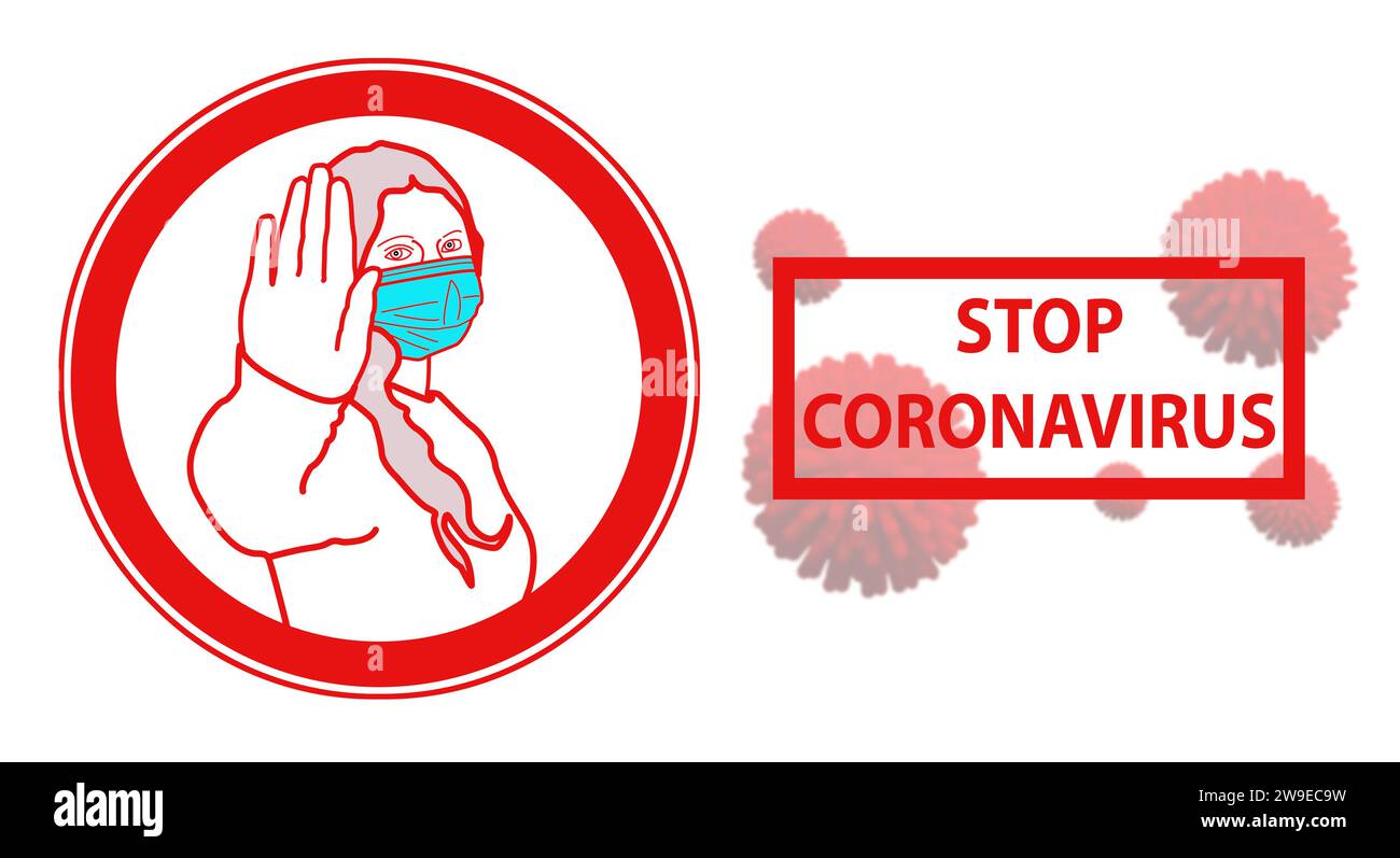 Arrestare il concetto di coronavirus. Logo di una ragazza in una maschera protettiva medica su sfondo bianco. COVID-19. Foto Stock