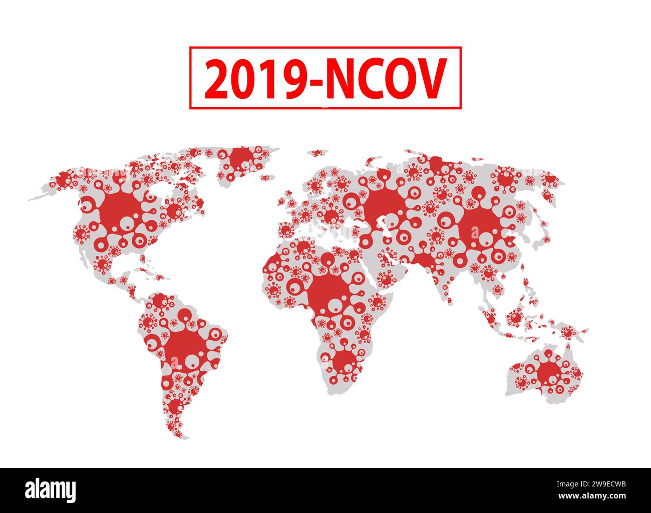 Concetto di epidemia di COVID-19 in tutto il mondo. Mappa del mondo con i batteri coronavirus. SARS-COV-2. Foto Stock