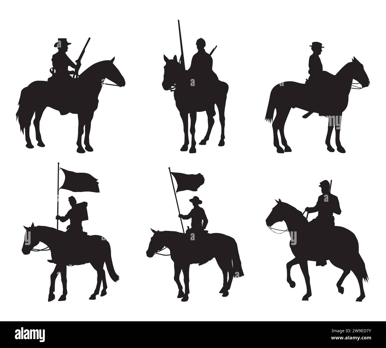 Cavallo della Guerra civile con bandiera, sagome della Guerra civile, cavallo della Guerra civile, Guerra, cannone, Civil, Soldier silhouette, Armistizio silhouette, Americ Illustrazione Vettoriale