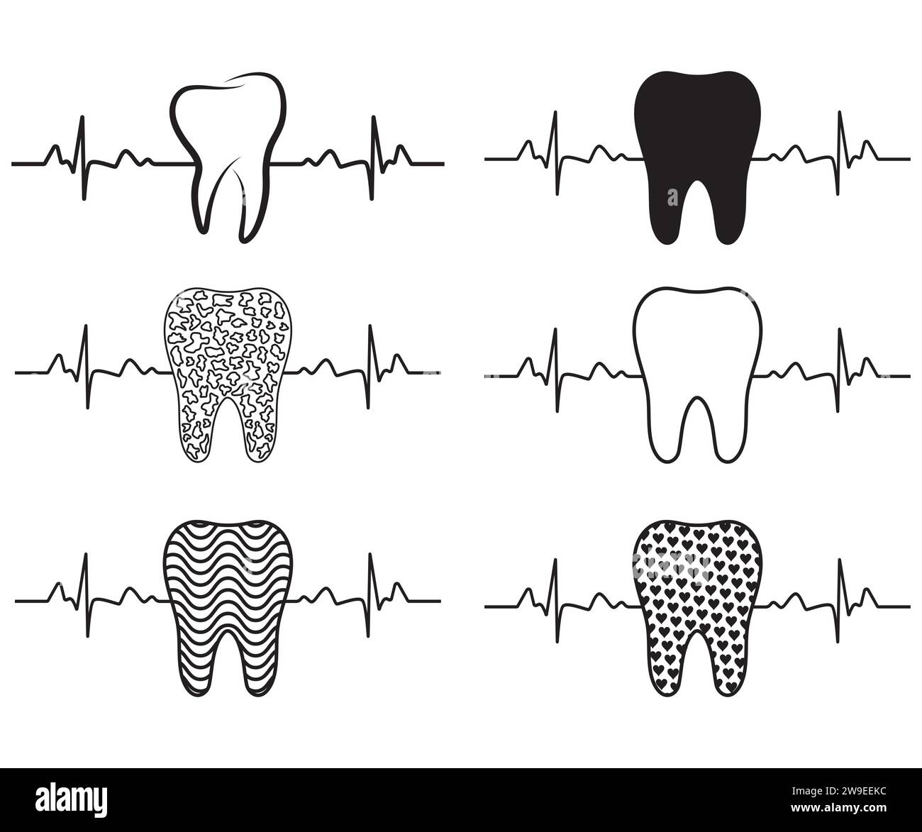 Silhouette dei denti, Clipart dentale, pacchetto vettoriale monogramma denti, heartbeat dei denti, monogramma Dental Split, cornice con nome diviso denti, clipar con monogramma dentale Illustrazione Vettoriale