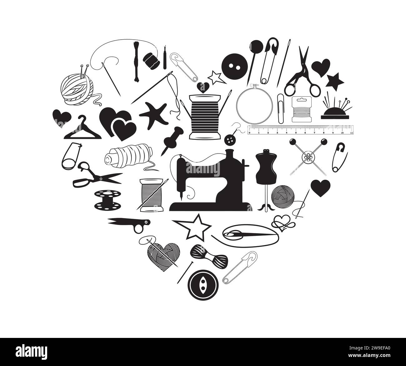 Cucito Vector, amo la trapunta e la trapunta cucire cuore, amante della trapunta, equipaggiamento per cucire cuore, cucire cuore Illustrazione Vettoriale