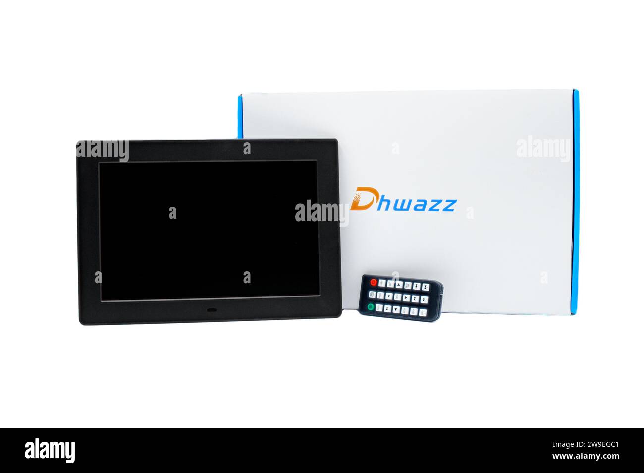 Ocala, FL 22 novembre 2023 Dhwazz visualizzatore di cornici fotografiche digitali WiFi scheda SD schermo IPS HD con telecomando, presentazione, montaggio a parete Foto Stock